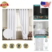 100% Blackout White Linen Curtains, Elegant Thermal Insulated Drapes 2 Panels