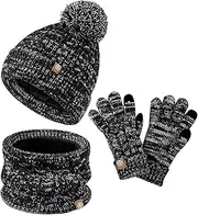 リキシマウケ Knitted Full Finger Glove Winter Kids Hat Kit 3pcs/Set Scarf Gloves Windproof Thickened for 5-12 Years Old Comfortable Pompom Beanie Handmade Children Black White