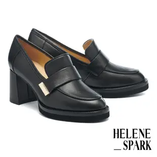 高跟鞋 HELENE_SPARK 復古知性純色寬帶全真皮樂福高跟鞋－黑
