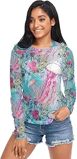 [ODAWA] Jellyfish Sea Creatures Colorful Flowers Long Sleeve Sheer Blouse See Through Tee Blouse Comfortable Shirt for Women