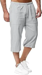 [Sprifloral] Mens Linen Shorts 3/4 Length Pants Summer Trousers Beach Yoga Joggers Casual Sweatpants