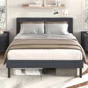 Advwin Double Bed Frame Platform Fabric With Upholstered Headboard Bedroom Room Decor Home Furniture Grey