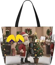 [Ghjkfbf] Funny Christmas Print Large Capacity Beach Travel Bag For Family, Beach Tote Bag For Women With Zipper Pockets, Black, One Size