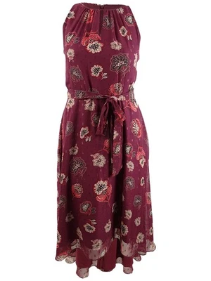 Tahari ASL Women's Metallic Chiffon Belted Midi Dress (12, Wine Black Floral)