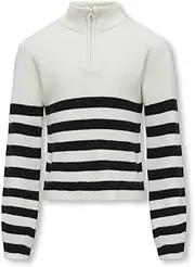 [KIDS ONLY] Kogfranca Girls' Half Zip L/S Stripe KNT Noos Pullover, Cloud Dancer/Stripes: Black, 146-152