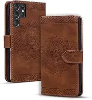 Rosbtib Flip Case for Samsung Galaxy S23 Ultra 6.8 Inch Cover, Durable PU Leather Shockproof Case with Magnetic Clasp Wallet Phone Cover for Galaxy S23 Ultra - Mandala Brown