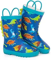 [FUNCOO PLUS] Toddler Rain Boots Kids Waterproof Rubber Boots for Boys and Girls with Handles in Fun Pattern