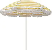 Sloped Garden Umbrella, 1.6m Patio Umbrella, Yellow White Stripe Beach Umbrella with Tassel Parasol - Foldable/Portable Round Umbrella