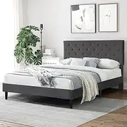 LEVEDE Queen Bed Frame Platform, Wooden Bed Base with Adjustable Headboard, Velvet Upholstered Mattress Support, Modern Classic Bedroom Furniture, Easy to Assemble (Grey)