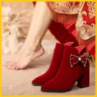 在飛比找蝦皮購物優惠-婚鞋冬季女2023新款紅色高跟新娘鞋秀禾服婚紗兩穿粗跟結婚鞋