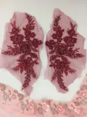 Appliques Floral Venise Lace BRICK RED Mirror Pair Sequin Beaded 11" (BL157X)