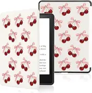 Cute Cherry Pink Bow Case for 7" Kindle Paperwhite(12th Gen,2024)&Kindle Colorsoft with Hand Strap,Compatible with iPhone MagSafe for Wireless Charging,Sleep/Wake,Soft Silm Fit Leather Cover for KPW6