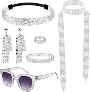 7 Pieces 1970s Disco Costume Set - Accessories, Bling Sunglasses, Long Scarf, Earrings, Women's Jewellery Sets for 70/80s Party Fancy Dress Kit - Retro Cosplay Costumes Outfits