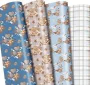 Flat Christmas Wrapping Paper Sheets - 12 Sheets with 4 Blue Patterns - Pre Cut