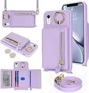 for iPhone XR Crossbody Case with Card Holders Money Slots Zipper Coin Purse Rotatable Ring Kickstand Cover Wristlet Strap Lanyard Litchi Leather Wallet Flip Cover for iPhoneXR Purple