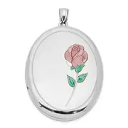 Sterling Silver Rhod-Plated Satin & Polished Enamel Rose 34mm Oval Locket