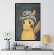 Pokemon Portraits x Van Gogh Pikachu Grey Felt Hat Wall Art Canvas. 12x16inch.