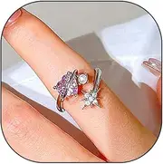 [Rrdaily] Pink Crystal Heart Statement Ring for Women Silver Open Adjustable Pearl Heart Knuckle Ring Cute Sweet Love Finger Ring for Teen Girls Jewelry Gift