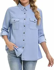 [YPCT] Women's Button Down Denim Shirt Business Casual Lightweight Long Sleeve Jean Tops, Light Blue, Large