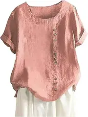 Baggy Linen Button Up Shirts For Women Retro Embroidery/Printed Tees Cotton Linen Short Sleeve Summer Loose Blouse