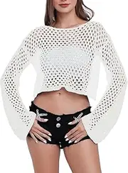 [Generic] Hollow Out Knit Sweaters Tops Crop Top Long Sleeve Pullovers Loose Pullover