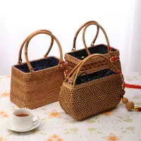 在飛比找樂天市場購物網優惠-越南藤編手提包手工草編包復古竹編織女士包茶道茶具收納包時尚包