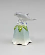 9986015-d Porzellan-Tischglocke Figure Dolphin Lindner Bayern Handpainted 6x10cm