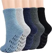 [JaosWish] Mens Slipper Fluffy Socks, 5 Pairs Bed Cosy Warm Thermal Socks for Men with Grippers, Winter Fleece Cozy Comfy Fuzzy Socks Non Slip 6-10 for Home Sleeping