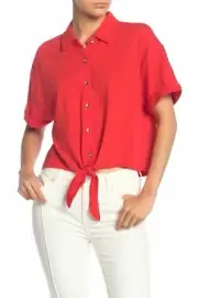 Splendid Tie Hem Button Front Top Amore Red Cropped Cotton Shirt OVERSIZ NWT$108