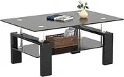 Meihua Rectangle Glass Coffee Table 2-Tier Tea Table Modern Side Coffee Table for Living Room (All Black)