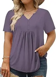 [VISLILY] Women's Plus-Size-Summer-Tops Trendy Henley V Neck T-Shirts Flowy Pleated Tunics Short Sleeve Buttons Up Blouses