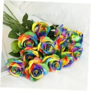 12 PCS Artificial Flowers Rainbow Roses Silk Flowers Fake Long Stem Colorful