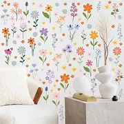 Flower Wall Decals - 8 Sheets 102 Pcs Spring Themed Wildflower Wall Stickers Peel and Stick Fairy Floral Wall Decor for Girls Bedroom Living Room Nursery Home