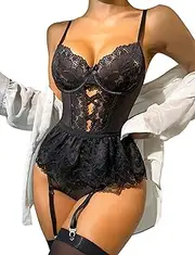 [FEOYA] Women's Sheer Mesh Garter Belt Corset Set Garter Lingerie Set Lace Bodysuit Sexy Suspenders Belt Garter Belt Lingerie Leotard Outfits Underwear