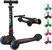 Allek Kick Scooter Foldable F02, 3-Wheel LED Flashing Glider and 4 Adjustable Height with Anti-Slip Thick Deck Push Scooter for Children 3-12yrs