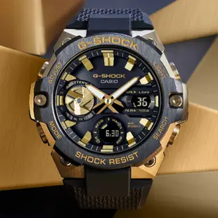 【CASIO 卡西歐】G-SHOCK GST碳核心防護太陽能智慧藍芽雙顯錶-黑金 膠帶(GST-B400GB-1A9)