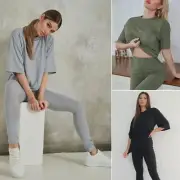 New Ladies Plain Oversized Longline T-Shirt Leggings Co-Ord Casual Tracksuit Set