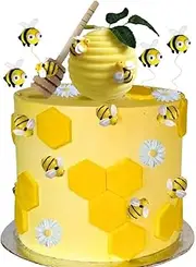 Bee Cake Toppers Honeycomb Daisy Birthday Decoration with Bee Honeycomb Sunflower for Bee Honeycomb Themed Birthday Party