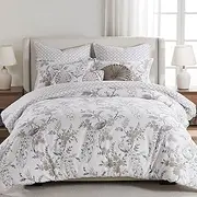 [Levtex Home] Pisa Duvet Cover Set Full/Queen + Two Standard Pillow Cases Floral Contemporary Peacock Grey and Taupe (90 x 94in.) Case (26 20in.) Cotton