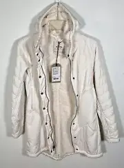 Prana Coat Womens XS Ivory HOODED SHERPA LINED Mixed Media Long Jacket - NEW