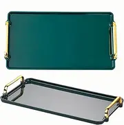 Rectangular Serving Tray with Gold Handles,Coffee Table Living Room Kitchen Office Bathroom Decorative Tray, Bathroom Vanity Tray Perfume Cosmetic Storage Organizer, Large 16.14"x8.66" (Emerald)