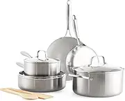 GreenLife Tri-Ply Stainless Steel Healthy Ceramic Nonstick, 10 Piece Cookware Pots and Pans Set, PFAS-Free, Multi Clad, Induction, Dishwasher Safe, Oven Safe, Silver