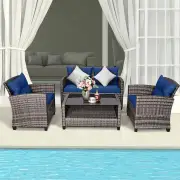 Costway4 Piece Patio Wicker Furniture Set with Glass Coffee Table and Removable Cushions-Navy