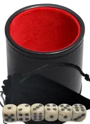 Set (6) 16mm Circle-in-Circle Design Dice + PU Leather Red Felt Lined Dice Cup