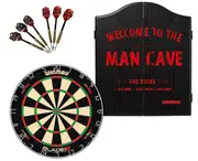 Winmau Blade 6 DUAL CORE Dart Board + Winmau Man Cave Cabinet + Darts Set