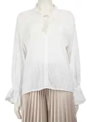 White Long Sleeve Ruffle Trim Blouse