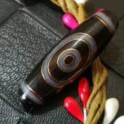 Antique Magic Old Tibetan Agate *Mountain 2 Eyes* Gold Inlaid Dzi Bead B0912