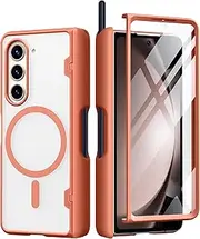 [MOBOSI] for Z Fold 5 Case Magnetic Hinge Coverage Protection, [Fold 5 Edition S Pen Holder], Compatible with Magsafe, Front Screen Protector Full Body Phone Case for Samsung Galaxy Z Fold 5, Orange
