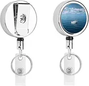 [YJWANDL] Compact Stainless Steel ID Holder with Retractable Cord, White Boat on Blue Sea Print Lightweight And Durable Everyday ID Holder, White, One Size, White, One Size