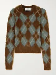 [AMI PARIS] AMI PARIS - Argyle Brushed-knit Sweater - Brown - xx small xx small Brown